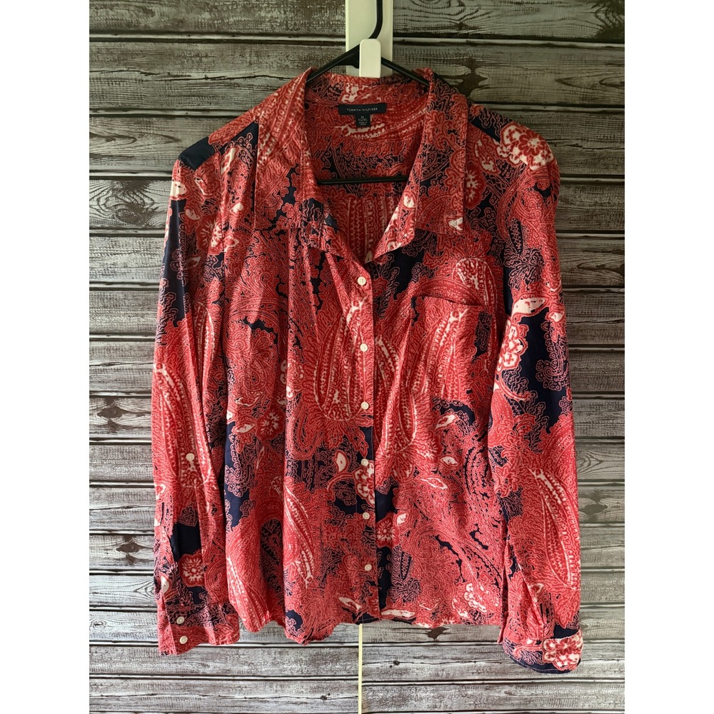 Tommy Hilfiger Women's Long-Sleeved Button-Down Top Sz XL Red Pink Blue Paisley